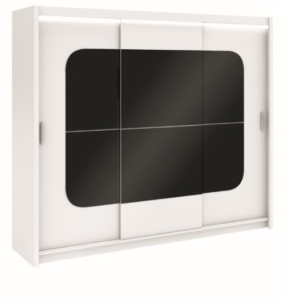 Skříň šatní s posuvnými dveřmi bílá/černé sklo BARCELONA 250