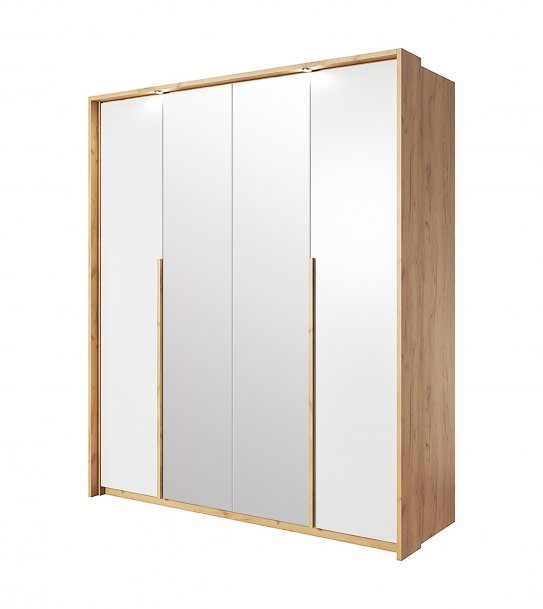 Skříň šatní 185 dub craft zlatý/bílá + 2x zrcadlo + lišta s LED XELA
