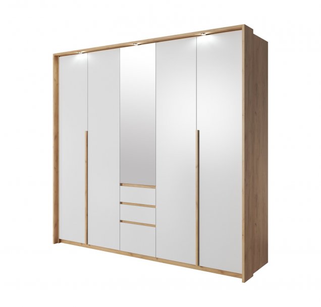 Skříň šatní 230 dub craft zlatý/bílá XELA + 1x zrcadlo + lišta s LED